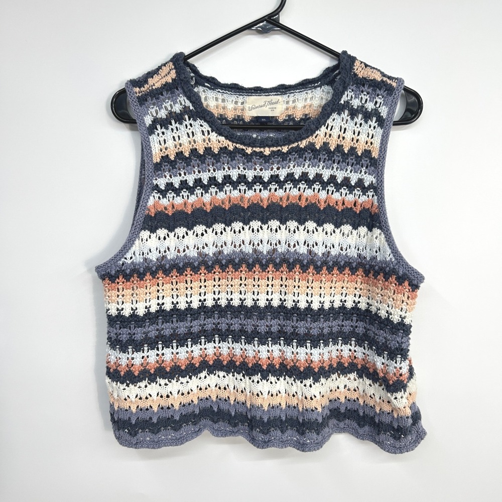 Crochet Sweater Tank Sleeveless Striped XXL Blue Boho Coastal Festival Top